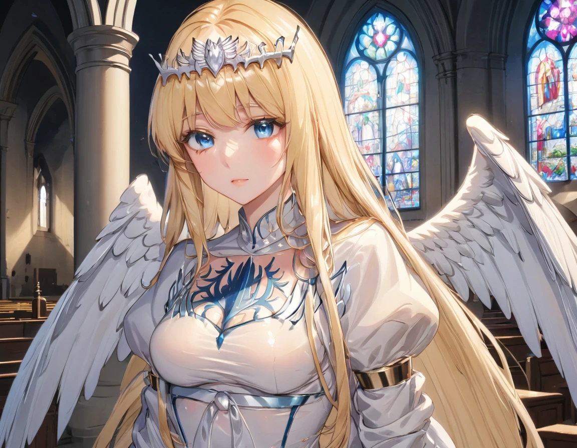 masterpiece,ultra-detailed,best quality,8K,illustration,simple background,,clean skin ,shiny hair,girl,ultra-detailed-eyes, jyojifuku, pajamas,wool, 1angel,solo, calca, blonde hair, ,( extremely long hair:1.3), very long hair, extra long hair, white tiara, white dress, blue eyes,Calca Bessarez, medium breast,Calca, indoor, church, cathedral, stained glass, close up, upper body, very large white wings, angel feature wings