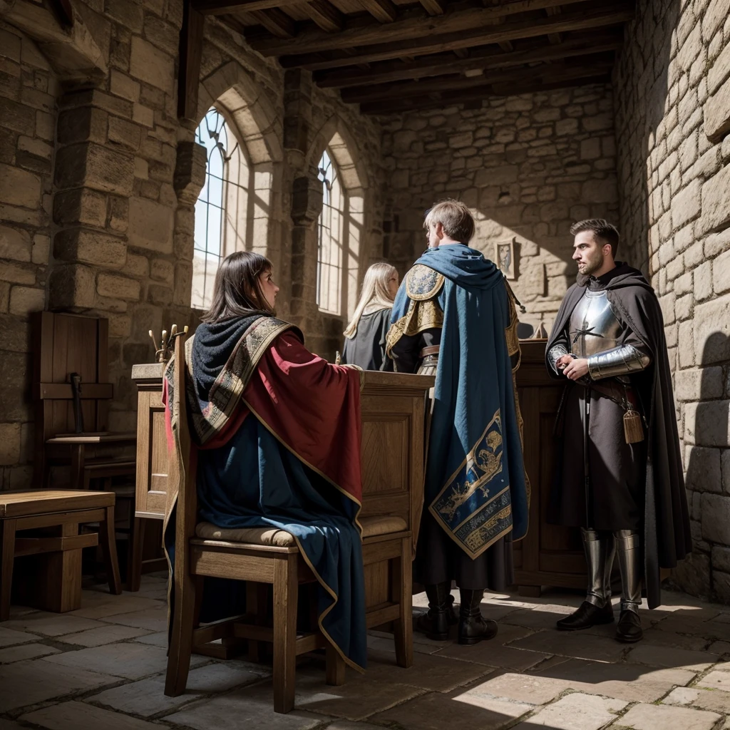coats of arms in a medieval castle, Medieval weapons. knights observing and defending the castle.
