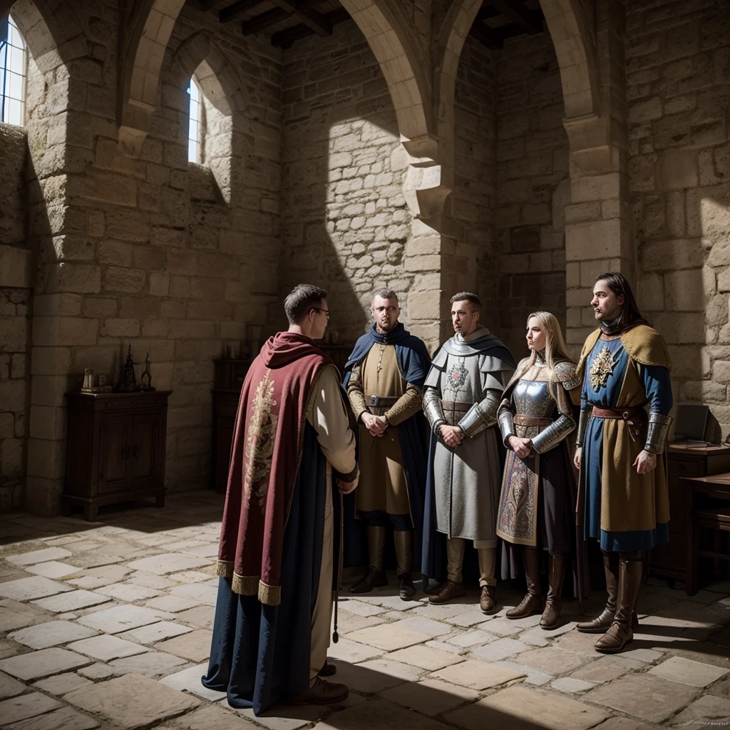 coats of arms in a medieval castle,  Medieval weapons. knights observing and defending the castle.