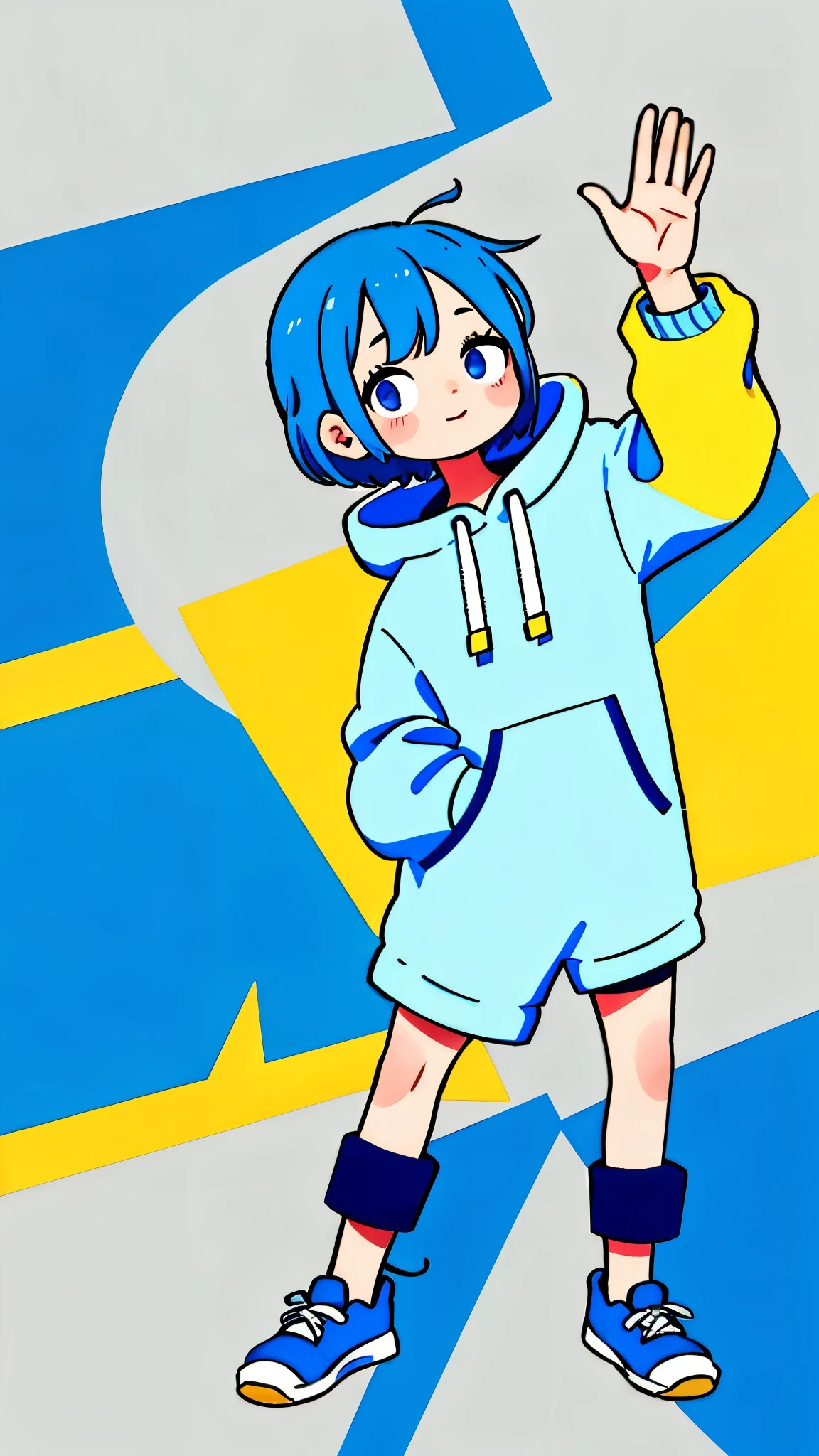 Mash Hair　Short Hair　Blue hair　Wearing a blue hoodie　　I'm wearing headphones　1 male　smile　Yellow irises　Narrow eyes　cheeks are white　The whole body is shown　Looking into the distance　Waving one hand up　The whole body is on camera