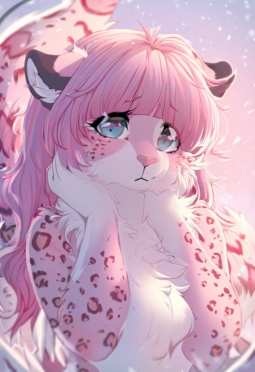 feline, mammal, anthro, anthromorphic, snow, leopard, fur, furred_anthro, female, female, bangs, ear_tufts, heart nose, paws, hair_tuft, hair_between_eyes, long_tail, fluffy, feline_ears, expressive_eyes, pink_hair, light looking_at_viewer, pink_fur, shy, small_pupils, spotted_pattern, digital_art, high_resolution, high_res, pastel_background, white outline