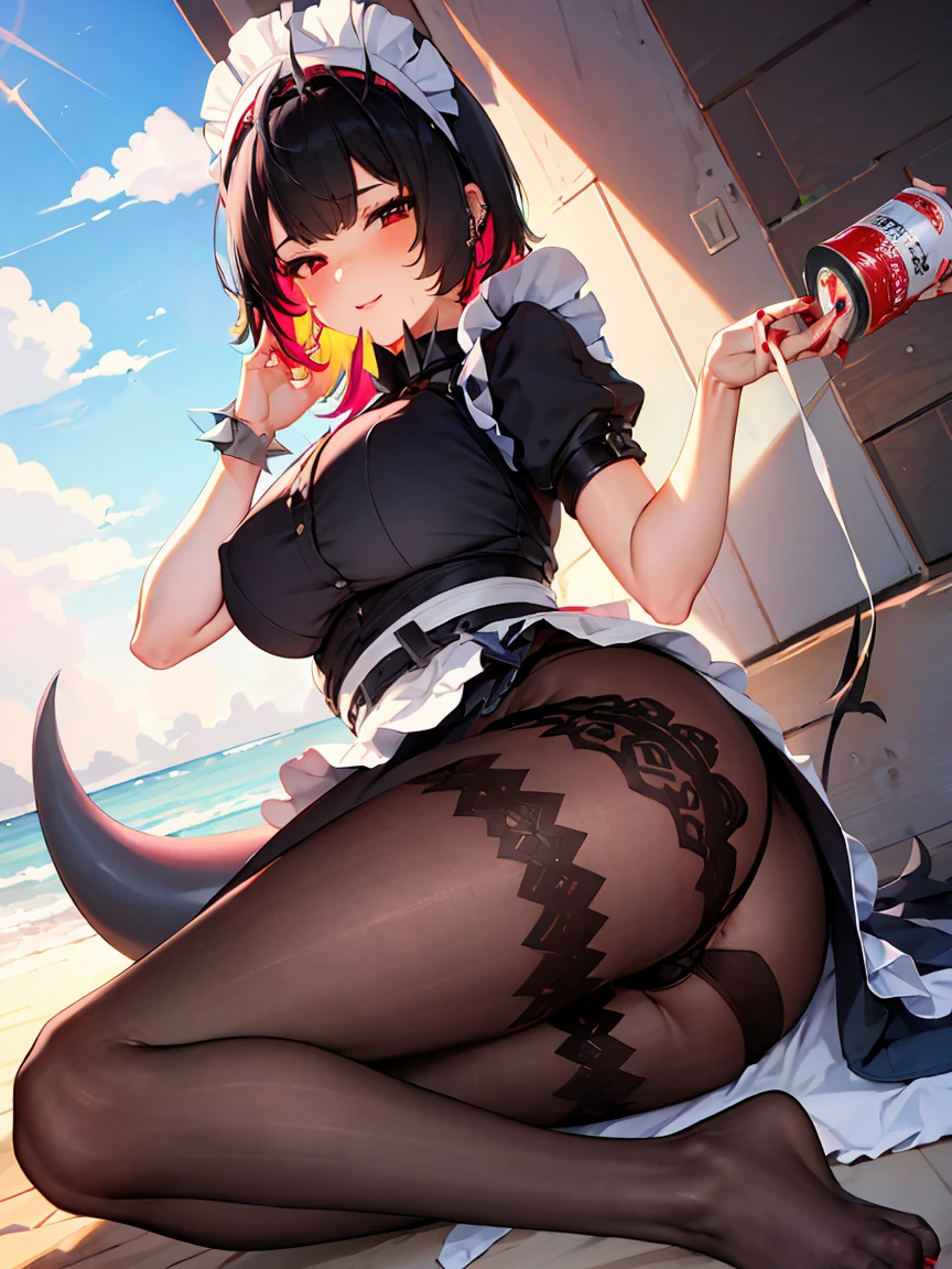 masterpiece,official art,extremely detailed cg unity 8k wallpaper,highly detailed,absurdres,8k resolution,1girl, solo, breasts, looking at viewer, short hair, black hair, red eyes, dress, holding, short sleeves, pantyhose, red hair, multicolored hair, belt, apron, maid, maid headdress, shadow, piercing, red nails,spikes, maid apron, can, argyle legwear, holding can. 1 girl, best quality, colorful, ray tracing, perfect lighting, extremely detailed 8k wallpaper, detailed background, high resolution ,extremely detailed HUGE pussy full of cum, black hair, purple eyes,, mini skirt ,in the beach, ,Smile, School swimsuit,double tail,flat crest,squinted eyes,rolling eye,blushing,sweat,Heavy breathing,Work of art, NSFW: beautiful, (Artwork), best quality, (extremely detailed face), extremely detailed eyes, extremely detailed mouth, nsual look, moaning. beautiful detailed eyes, hyper detailed, beautiful color, high details, high quality, big breasts, big ass, face naughty