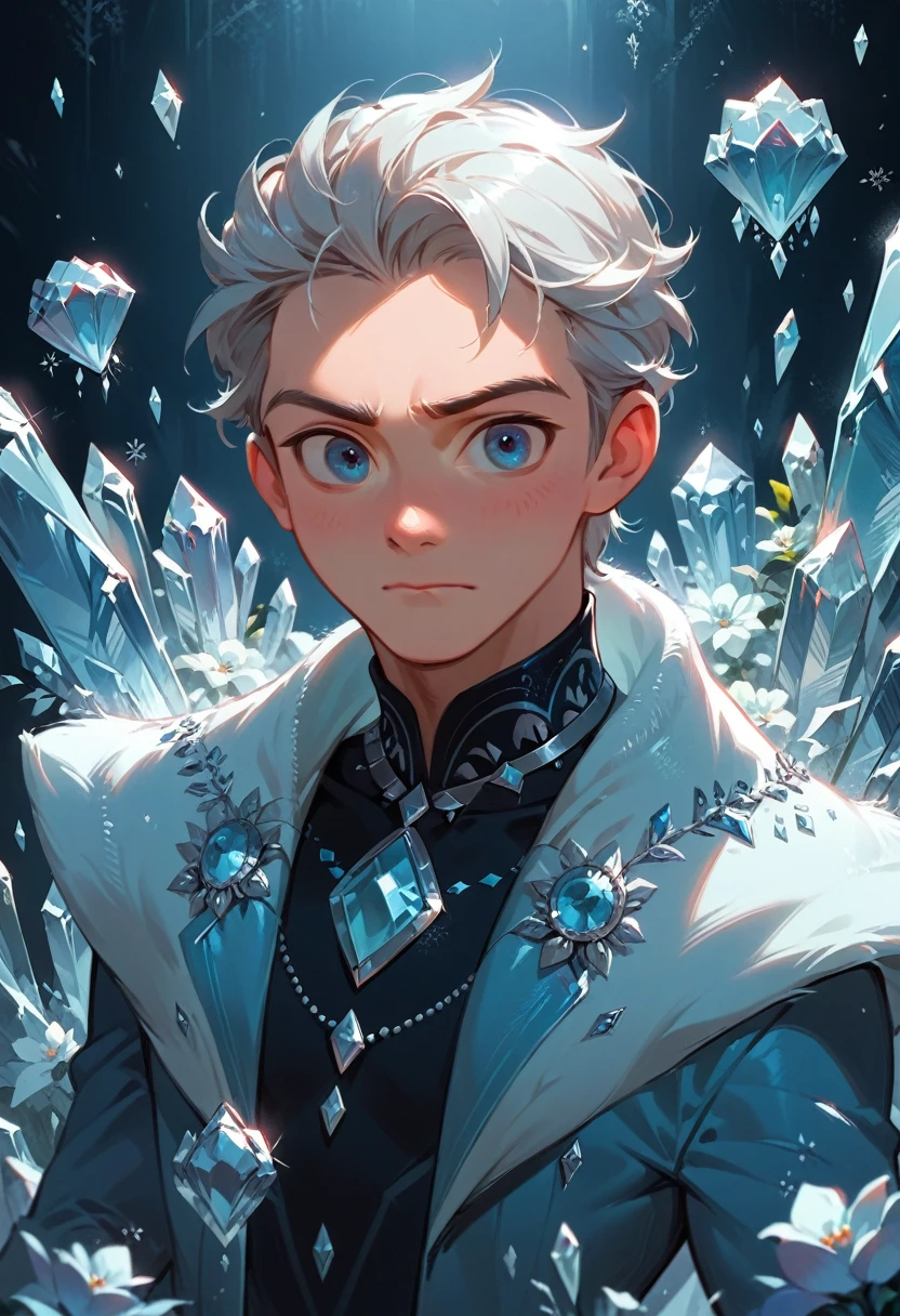 Man surrounded by crystal ice and frozen flowers, Silver hair and crystal blue eyes, with a diamond on his forehead. Have a ice and nature power. 