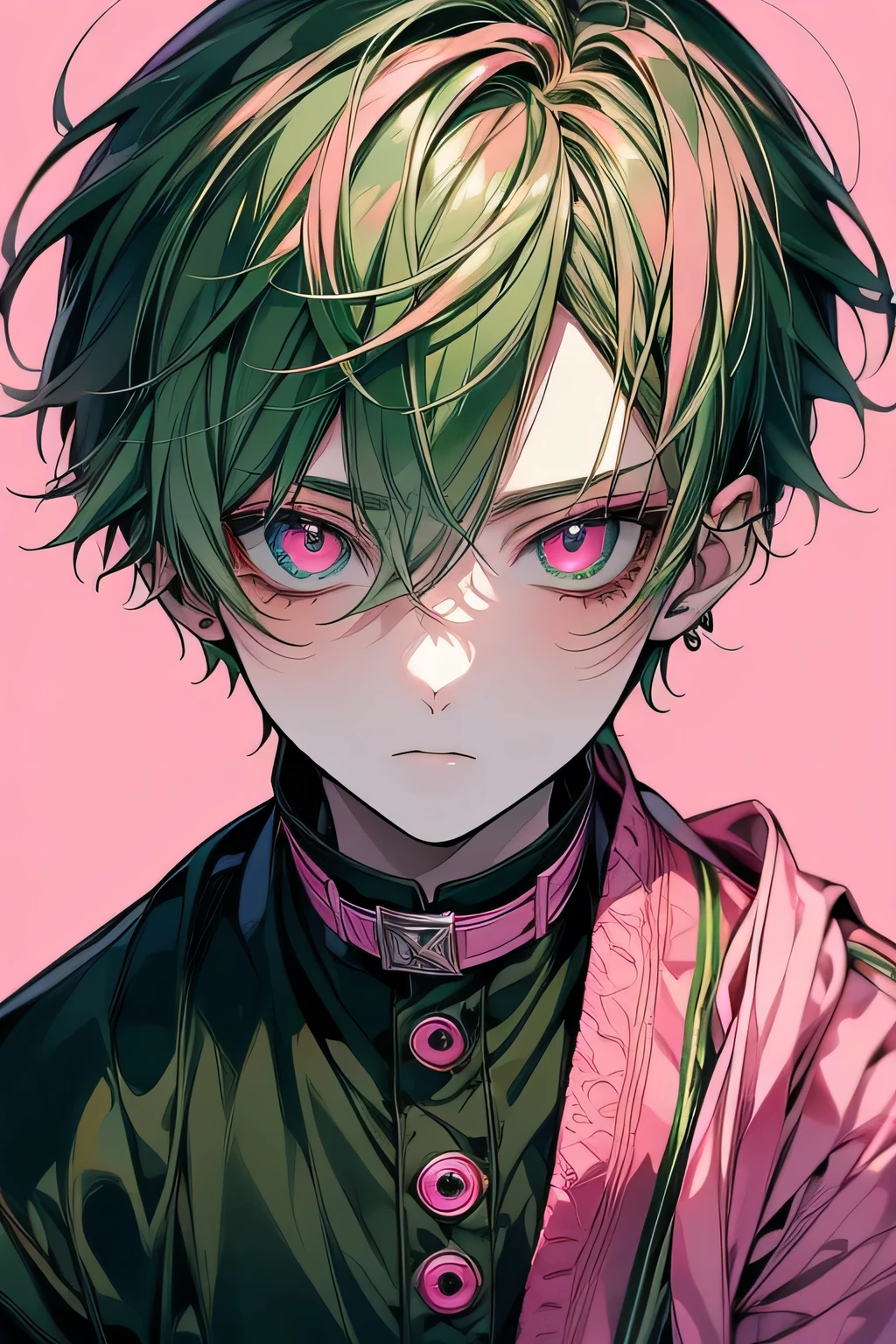 (masutepiece), (Best Quality), ars old, cute boy, standart detailed, 1 boy, Solo Focus,half body look, magic echo green, Perfect face, Beautiful face, extra detailed face,(green hair:1.3),(pink eye:1.3), cool boy, handsome