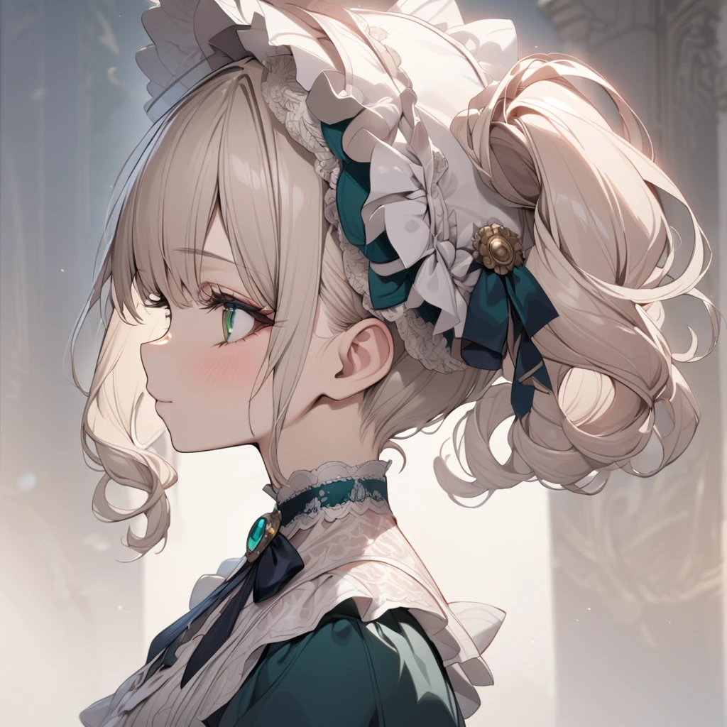 Platinum Blonde hair,curls,(emerald green eyes),long eyelashes,(light pink victorian dress),y short sleeves,frilled dress,frilly wide brimmed Bonnet with bows,bustshot,masterpiece,highress,soft smile,bishoujo,peterpan collar,profile,white accents,white trim,white frills,curly side ponytail,short hair,