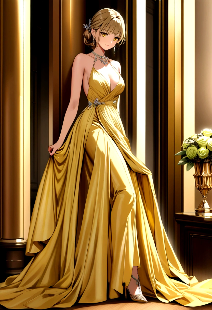 arafed woman in a yellow dress leaning against a column, elegant fashion model, a model on a yacht in porto fino, wearing an elegant dress, lady using yellow dress, soft silk dress, wearing an evening gown, silk dress, elegant dress, half-turned lady in evening gown, light green dress, haute couture fashion shoot, golden dress, flowing gown, yellow and olive color scheme