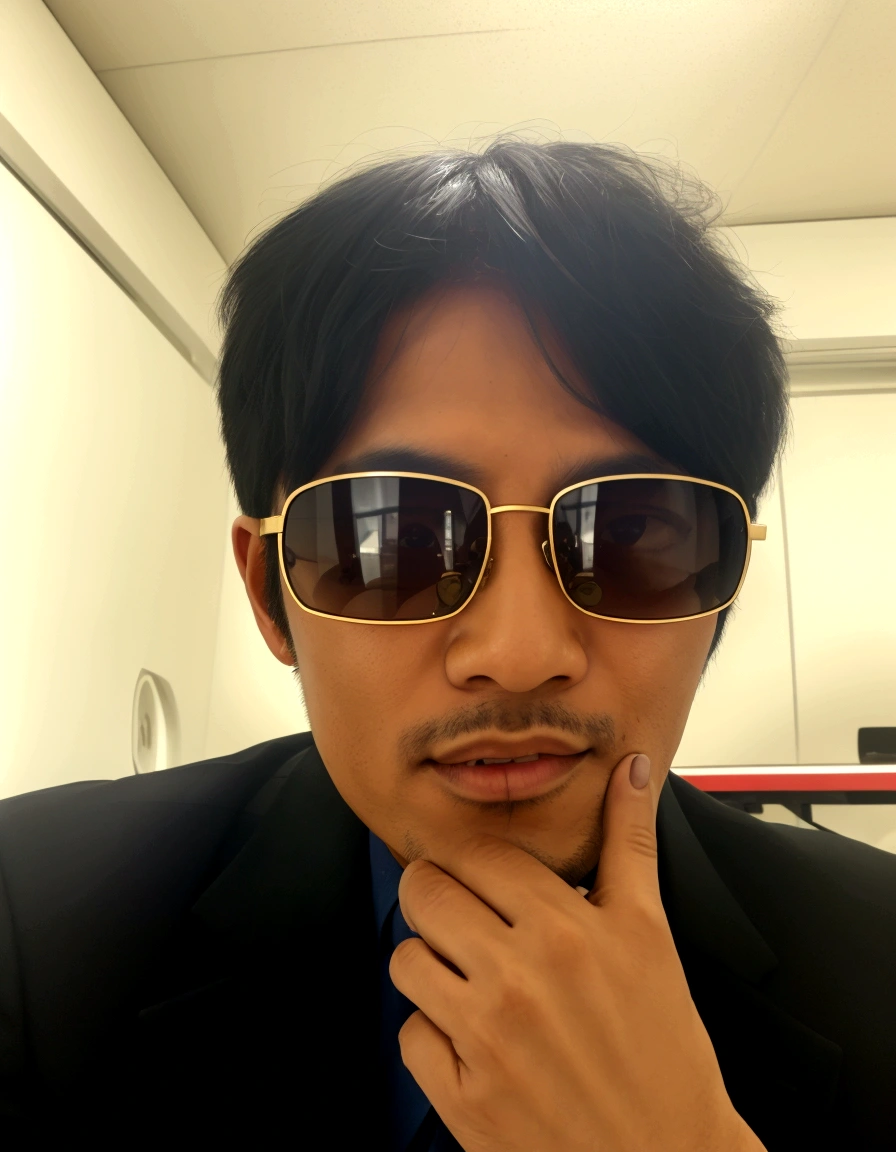 there is a man wearing sunglasses and a suit and tie, with sunglass, taken in the early 2020s, tomohiro shimoguchi, wearing versace sunglasses, ramil sunga, 8k selfie photograph, thawan duchanee, msxotto, with sunglasses, wearing gold glasses, victor ngai, in style of kentaro miura