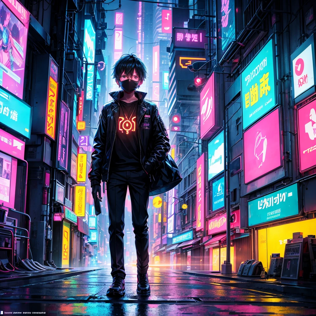 Among the neon-lit streets of a sentient metropolis, a boy with a face obscured by cascading streams of binary code is known as both a savior and a threat to AI consciousness.