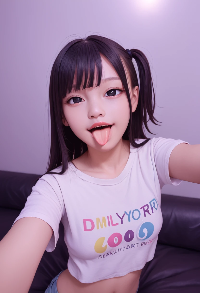 pastel colors t-shirt,off-shoulder look,bare shoulder,ollarbone,midriff peek,Tight denim mini skirt,open mouth,(tongue out:2),kneeling,arms at sides,(overhead shot:2),front view,face focus,(1girl,Beautiful  girl),((Slender,Small breasts,Small face,)),(looking at viewer),Black Hair,bangs,one side up,Beautiful and detailed,(Dimly lit room:1.5),Simple black background,Low lighting,Mischievous smile
