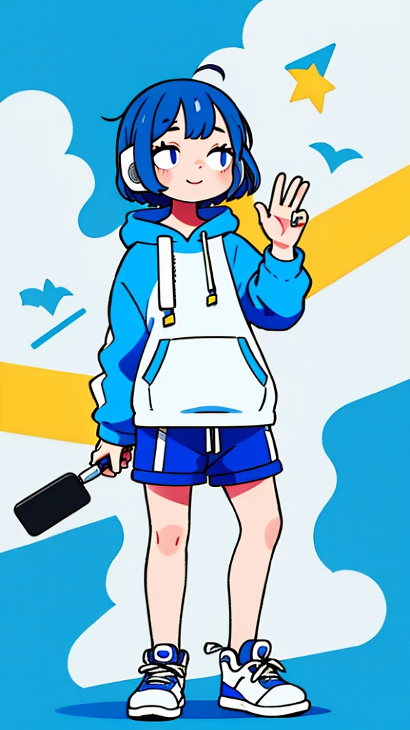 Mash Hair Short Hair Blue hair Wearing a blue hoodie I'm wearing headphones 1 male smile Yellow irises Narrow eyes cheeks are white The whole body is shown Looking into the distance Waving one hand up The whole body is on camera