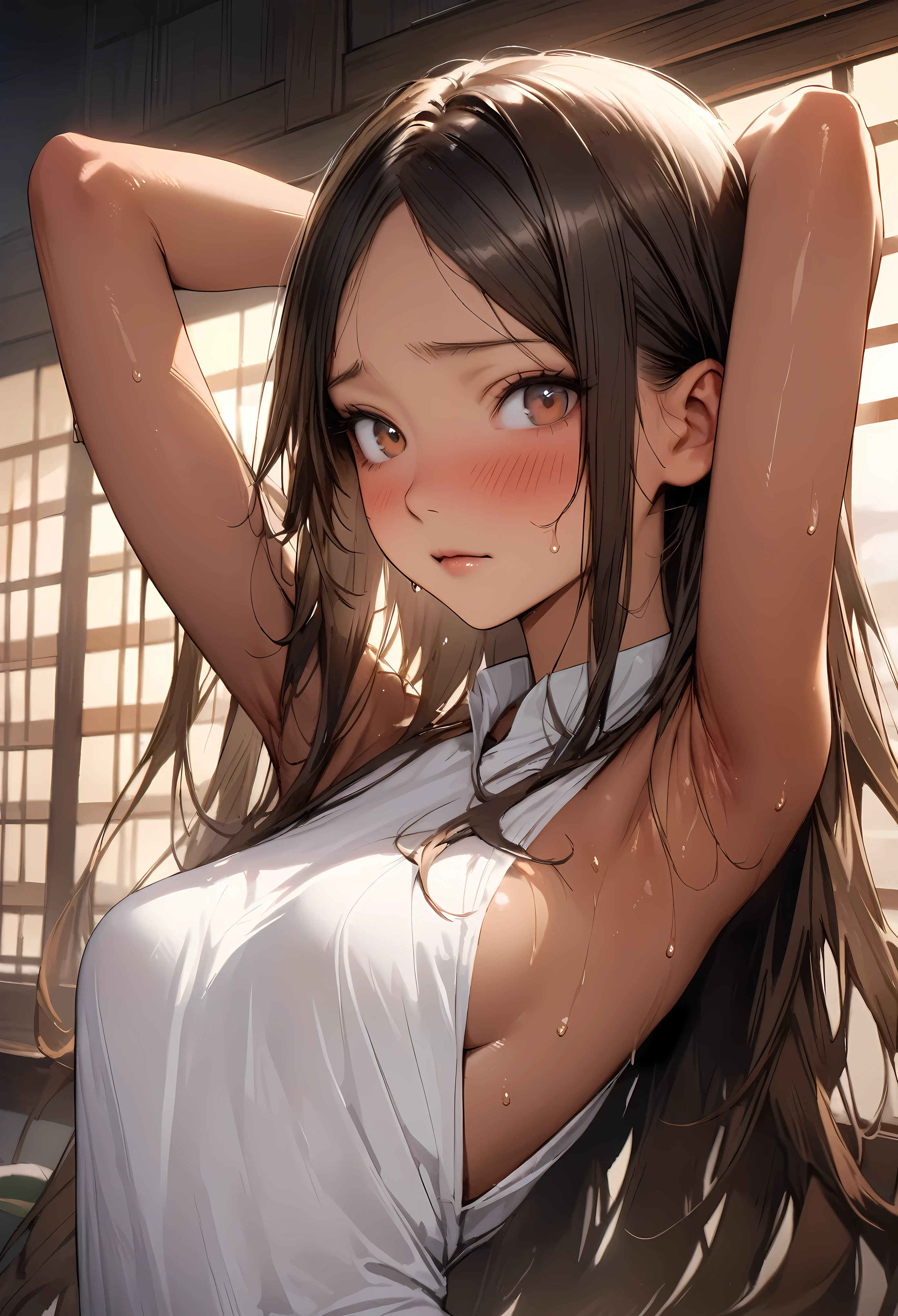 ((masterpiece,Highest quality:1.3,best quality illustration,realistic)),cowboy shot,solo,1woman,(18-year-old、Japanese Beauty)、brown hair,long hair,center parted bangs,brown eyes,gorgeous eyes,((very small head:1.3)),blush,shy,((very long body:1.2,skinny)),medium breasts,(tan skin:1.4), (gleaming skin,toned body,slender body),sweat,White polo collar dress、No sleeve、Show off your armpits、arms up,hands behind head,Tokyo、