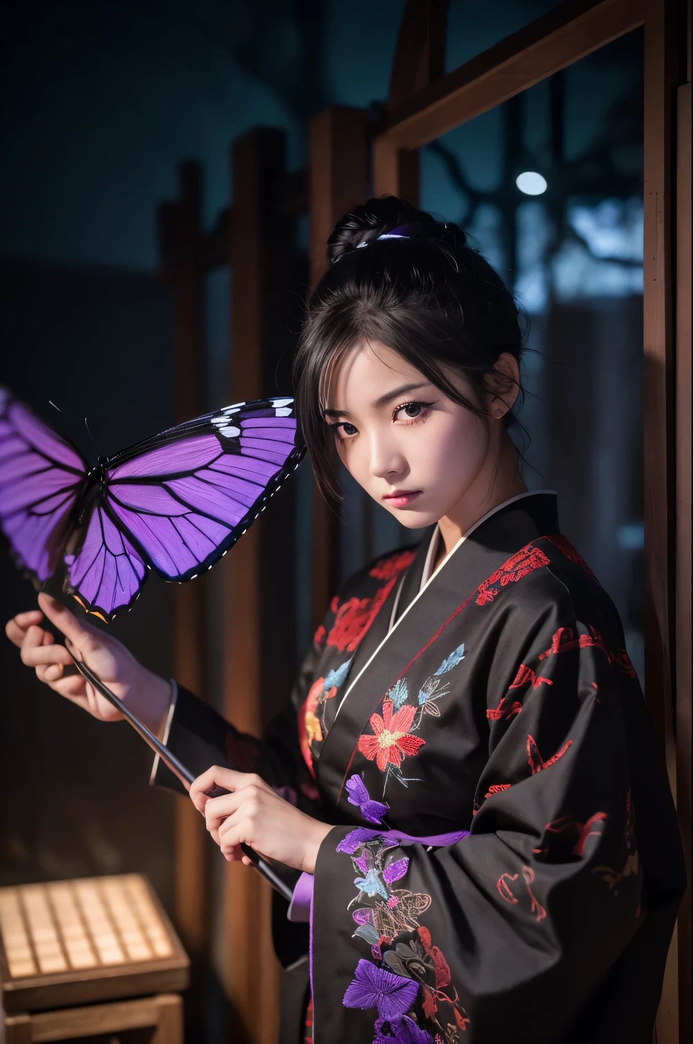 8K,Women in traditional Japanese kimonos fighting,(Dark Shot:1.4), 80mm, (Dark Shot:1.4), 80mm, A magnificent reality, Big eyes,Black short bob hair,Black and purple butterfly hair ornament,Black kimono and red obi,黒と紫のButterfly embroidery(精密なButterfly embroidery),Purple eyes(Purple Effect),mat, art,Horror movie lights, Photo Lab, High resolution, 複雑で非常にdetailed, (Depth of written border:1.4), (Dark Shot:1.22), (artステーション:1.2), 超detailedな, dramatic, Intricate details, (Technicolor:0.9), (Rutkowski:0.8), Like a horror movie, detailed, Soft Light, sharp, Exposure Blending, Medium Shot, (Noir:0.4), horror light,sharp, Exposure Blending、Medium Shot,Photorealistic RAW photos of the highest quality。Backlight, Cinema Lighting, Film Grain, to be born, 50mm lens, Nikon D850,Realistic Skin,ファンタジーart,キャラクターart,超High resolution,Muscular and slim body,super Realistic Skin,Late Night,Underworld demon makeup,Battle Scenes,Action Scenes,Action pose,激しいAction pose,fierce fighting,Holding a dagger,Acrobatic pose,Fighting Style,Butterfly embroidery,Dim forest,