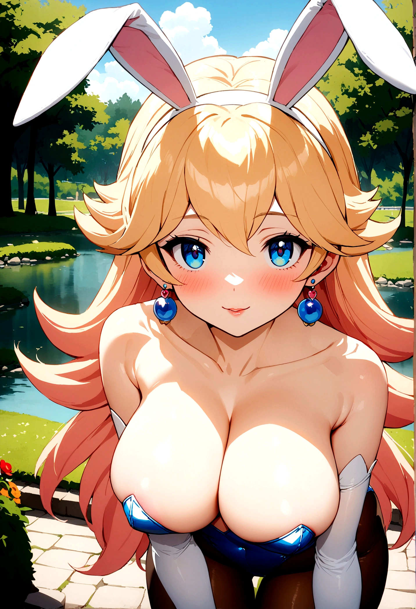 Princess Peach, blue eyes, long hair, 1girl, solo, perfect breasts, ,earrings glossy lips ,looking at viewer, blush, large breasts, nature, pond, trees, park, long white elbow satin gloves, holding, animal ears, cleavage, bare shoulders, jewelry, very l, gentle smile, pantyhose, earrings, fake rabbit ears, blue leotard, fake animal ears bunny, long white elbow gloves, white gloves