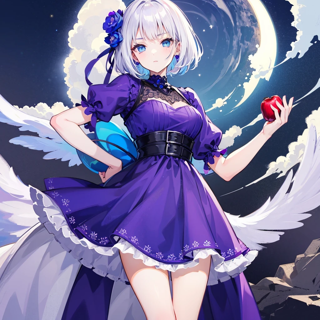 girl with short white hair, fair skin and blue eyes, wearing a beautiful dark purple dress holding an apple