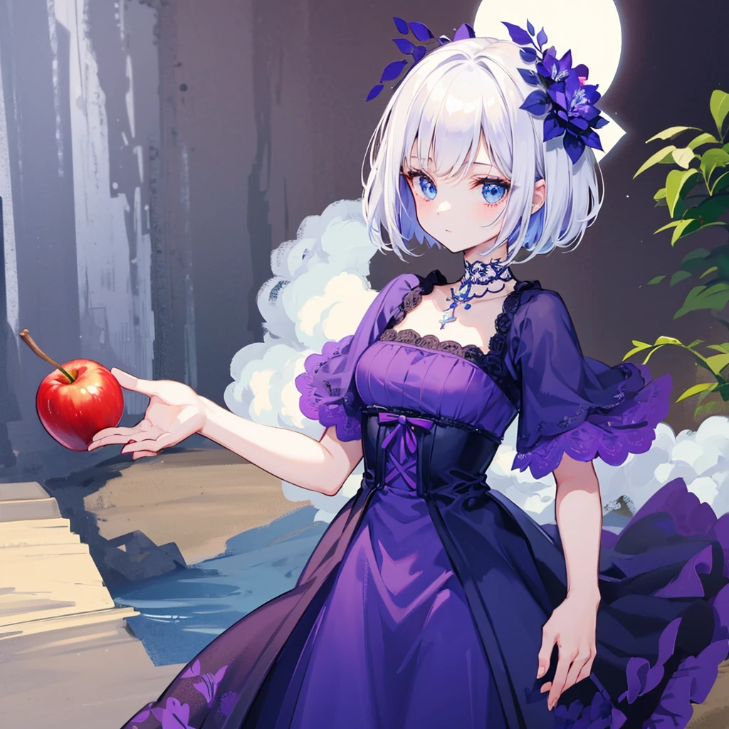 girl with short white hair, fair skin and blue eyes, wearing a beautiful dark purple dress holding an apple
