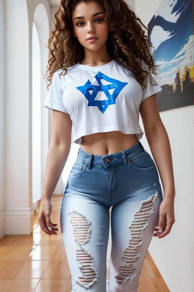 ((Best resolution)), ((high quality:1.2)), Work of art, 8k, extremely detailed, ((High detail:1.2)), solo, 1 girl, full body shot photo of an israeli long curly brown haired woman ,wearing white t-shirt with israeli flag, and short blue denim pants, looking at the camera, cinemtaic lighting,