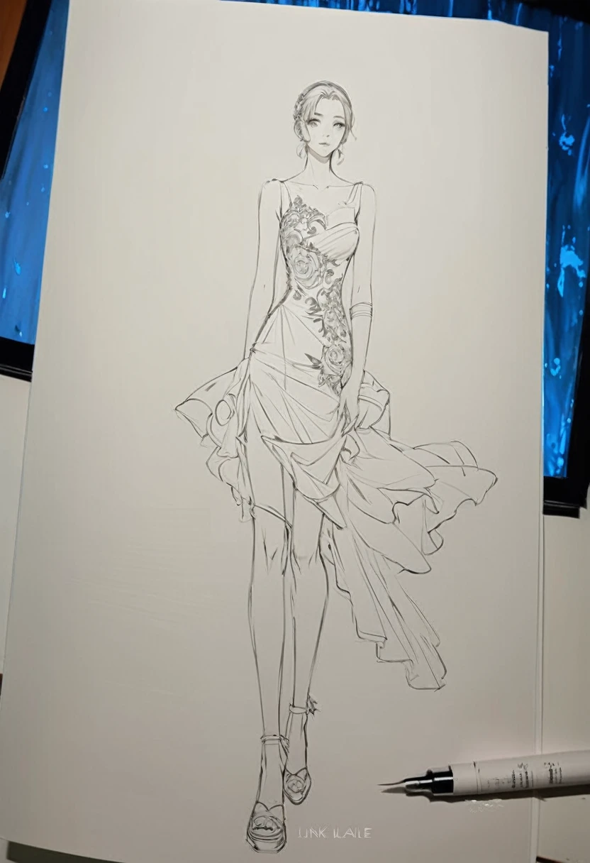 1 girl, full body portrait, detailed dress, detailed face, full body drawing, outline drawing, outline sketch, traditional painting style, elegant painting, full body figure drawing, anime style drawing, anime drawing, full body grayscale, extremely detailed ink line art, anime style painting, ink outline, detailed full body concept