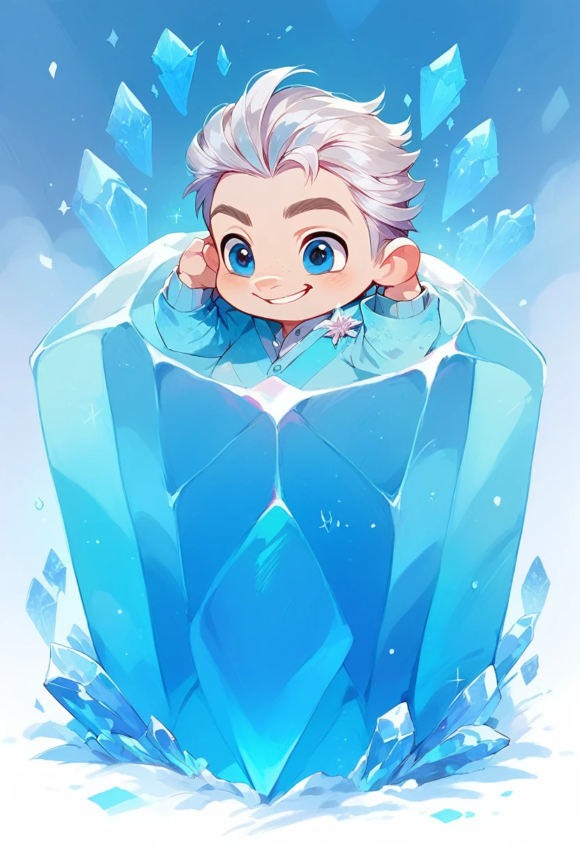 Man surrounded by crystal ice and frozen flowers, Silver hair and crystal blue eyes, with a diamond on his forehead. Have a ice and nature power. Fully body, with a baby face- smiling