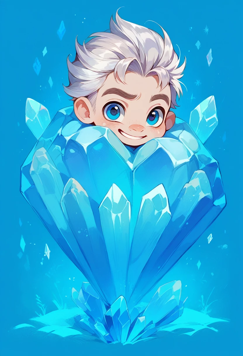 Man surrounded by crystal ice and frozen flowers, Silver hair and crystal blue eyes, with a diamond on his forehead. Have a ice and nature power. Fully body, with a baby face- smiling