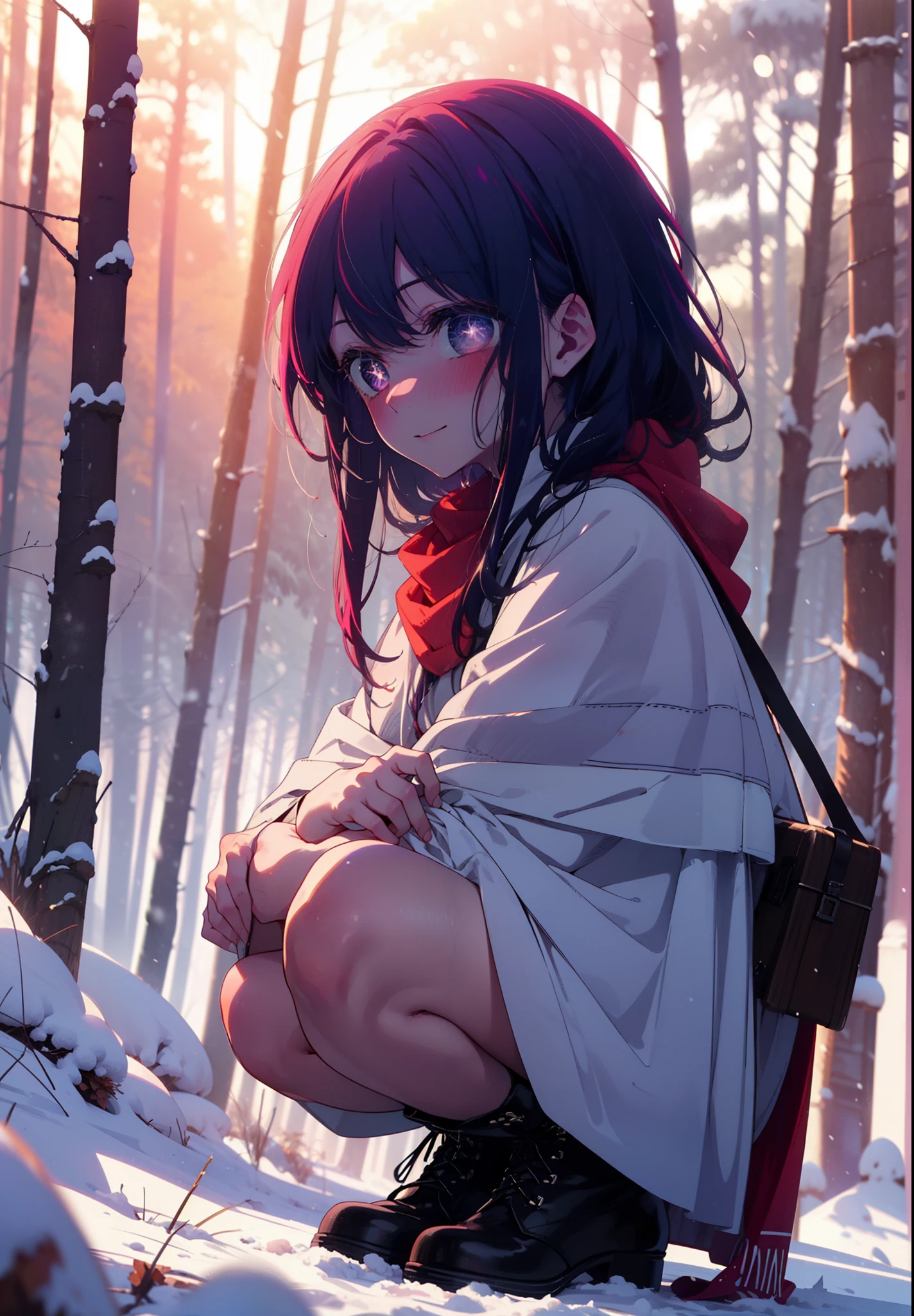 aihoshino, Ai Hoshino, Long Hair, bangs, (Purple eyes:1.1), Purple Hair, (Symbol-shaped pupil:1.5), smile,,smile,blush,White Breath,
Open your mouth,snow,Ground bonfire, Outdoor, boots, snowing, From the side, wood, suitcase, Cape, Blurred, , forest, White handbag, nature, Squat, Mouth closed, Cape, winter, Written boundary depth, Black shoes, red Cape break looking at viewer, Upper Body, whole body, break Outdoor, forest, nature, break (masterpiece:1.2), Highest quality, High resolution, unity 8k wallpaper, (shape:0.8), (Beautiful and beautiful eyes:1.6), Highly detailed face, Perfect lighting, Highly detailed CG, (Perfect hands, Perfect Anatomy),