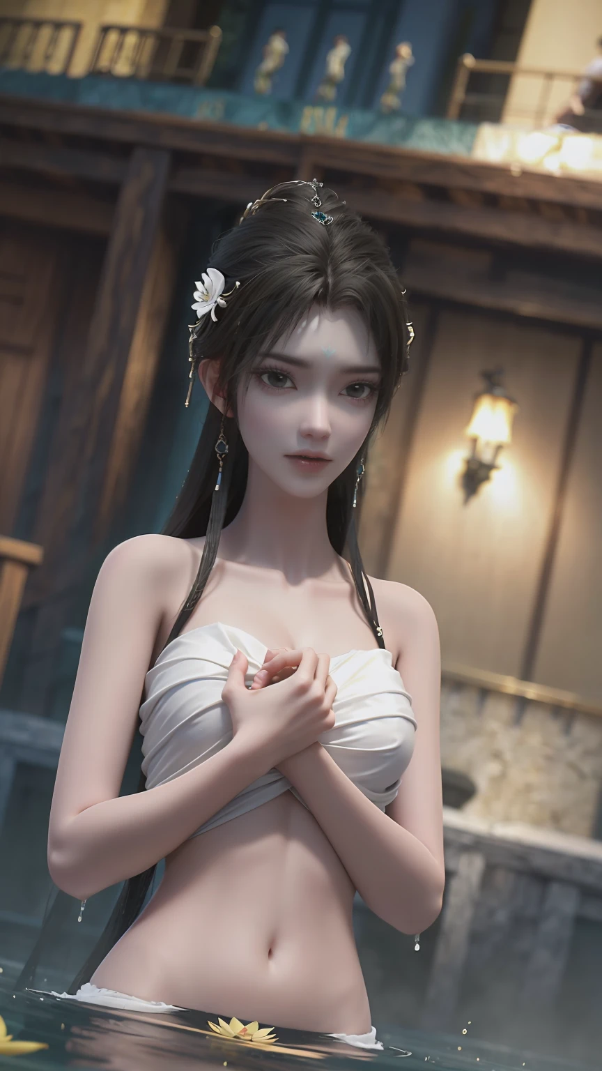 A girl bathing in water,Showering above the shoulders while bathing in water,No clothes,Hold your hands to your chest,Cover your chest with your hands,Golden glowing lotus on the water