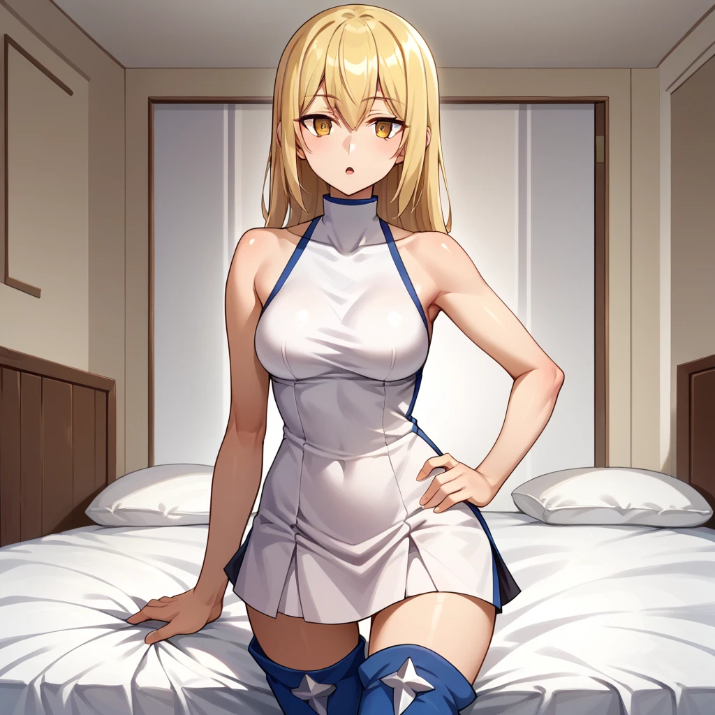 score_9, score_8_up, score_7_up, score_6_up, source_anime, BREAK 1girl, solo  ais wallenstein, white turtleneck, white dress, sleeveless, short dress, thigh boots, medium breasts, hand on hip, chestnut mouth, looking at you, room, bed, full body, worth