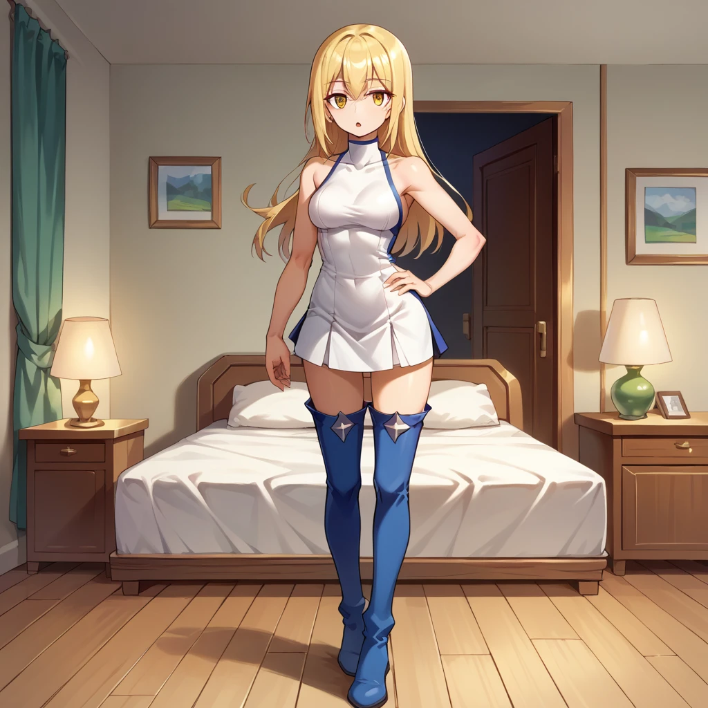 score_9, score_8_up, score_7_up, score_6_up, source_anime, BREAK 1girl, solo  ais wallenstein, white turtleneck, white dress, sleeveless, short dress, thigh boots, medium breasts, hand on hip, chestnut mouth, looking at you, room, bed, full body, worth