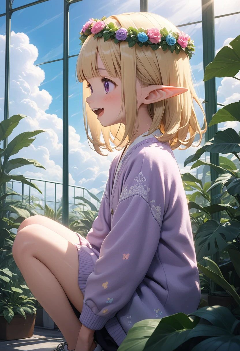((Masterpiece)), ((best quality)), ((kawaii)), ((extremely detailed)), 4K, (8K), (super detail:1.2), (High Definition:1.3), (Professional Photography:1.2), cinematic lighting, (sharp focus), (perfect light), ((1girl)), ((12 years old)), from side, (profile), (full body), cute young girl, (Laughing), open mouth, (Beautiful purple eyes:1.3), (Glossy skin), ((elf girl)), (embroidery Noble cardigan), (small chest), slim body, (loose blunt bangs), unruly hair, (medium hair), ((beautiful blond hair)), (put on noble head wreath), BREAK, ((best quality)), (cute crouching), (on the tropical giant greenhouse), (sharp focus), (perfect light), Large Cumulonimbus Clouds, pastel colors clouds, kawaii, cute colors,