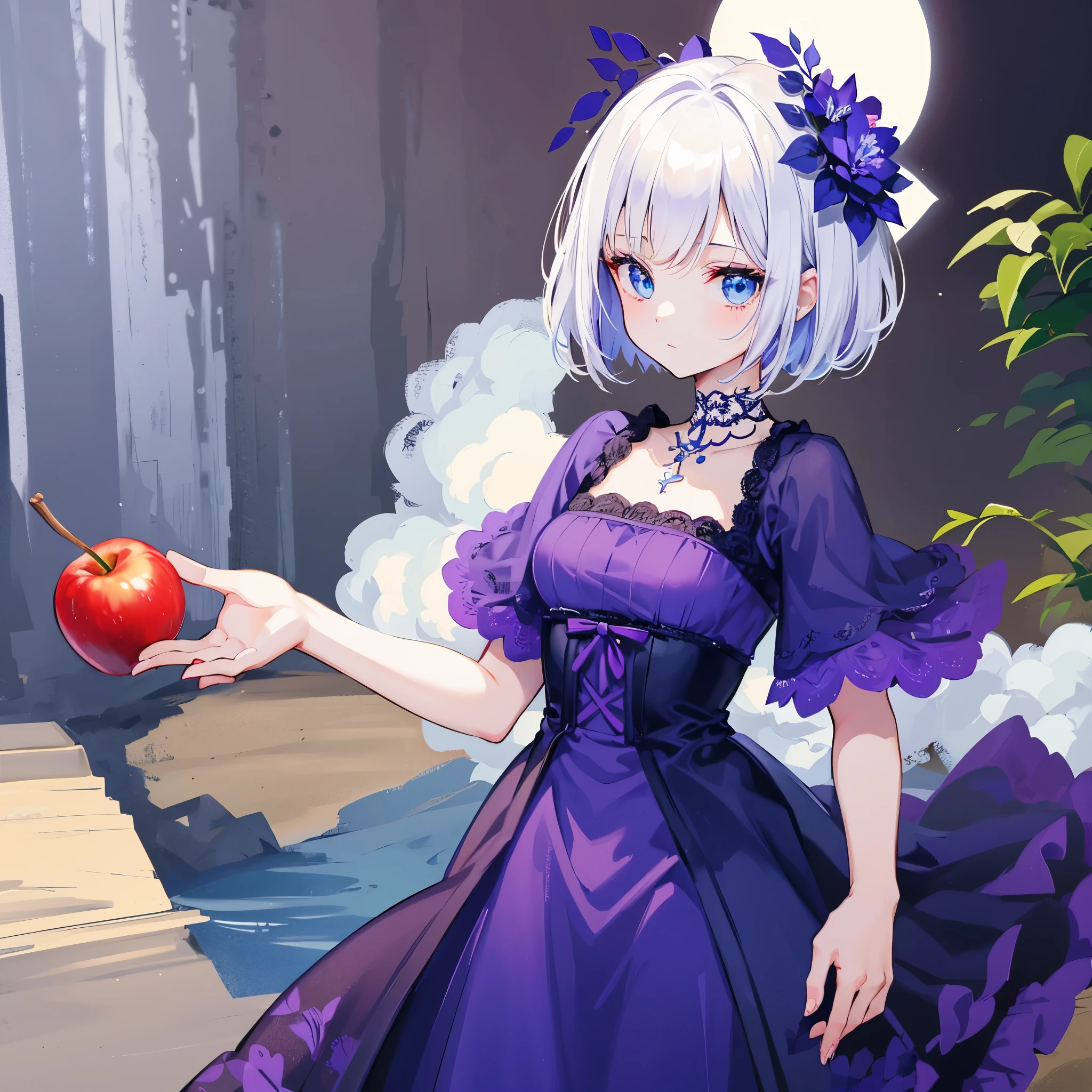 girl with short white hair, fair skin and blue eyes, wearing a beautiful dark purple dress holding an apple