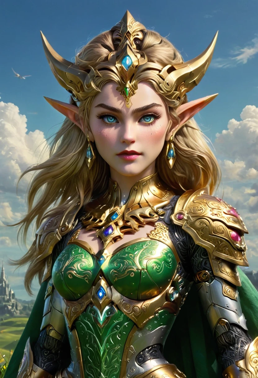 high details, best quality, 16k, [ultra detailed], masterpiece, best quality, (extremely detailed), full body, ultra wide shot, photorealistic, , fantasy art, dnd art, rpg art, realistic art, a wide angle, (((anatomically correct))) a wallpaper of an Princess Zelda, ready for battle with her mount (intense details, Masterpiece, best quality: 1.5),Princess Zelda (intense details, Masterpiece, best quality: 1.5), ultra detailed face, ultra feminine, fair skin, exquisite beauty, gold hair, long hair, wavy hair, small pointed ears, dynamic eyes color, wearing heavy mech armor, shinning metal, armed with elven sword, green meadows, blue skies background and some clouds background depth of field (intricate details, Masterpiece, best quality: 1.5), full body (intricate details, Masterpiece, best quality: 1.5), high details, best quality, highres, ultra wide angle, Mechanical Creatures