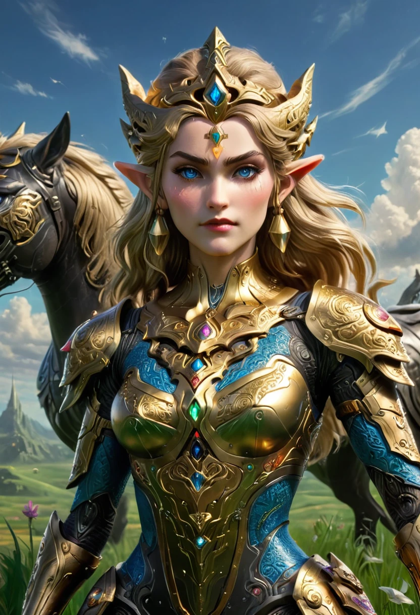 high details, best quality, 16k, [ultra detailed], masterpiece, best quality, (extremely detailed), full body, ultra wide shot, photorealistic, , fantasy art, dnd art, rpg art, realistic art, a wide angle, (((anatomically correct))) a wallpaper of an Princess Zelda, ready for battle with her mount (intense details, Masterpiece, best quality: 1.5),Princess Zelda (intense details, Masterpiece, best quality: 1.5), ultra detailed face, ultra feminine, fair skin, exquisite beauty, gold hair, long hair, wavy hair, small pointed ears, dynamic eyes color, wearing heavy mech armor, shinning metal, armed with elven sword, green meadows, blue skies background and some clouds background depth of field (intricate details, Masterpiece, best quality: 1.5), full body (intricate details, Masterpiece, best quality: 1.5), high details, best quality, highres, ultra wide angle, Mechanical Creatures
