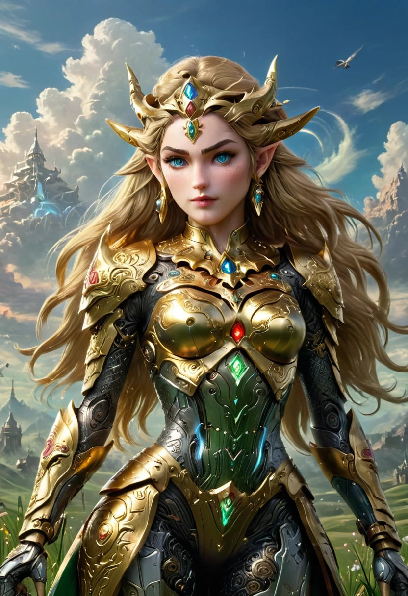 high details, best quality, 16k, [ultra detailed], masterpiece, best quality, (extremely detailed), full body, ultra wide shot, photorealistic, , fantasy art, dnd art, rpg art, realistic art, a wide angle, (((anatomically correct))) a wallpaper of an Princess Zelda, ready for battle with her mount (intense details, Masterpiece, best quality: 1.5),Princess Zelda (intense details, Masterpiece, best quality: 1.5), ultra detailed face, ultra feminine, fair skin, exquisite beauty, gold hair, long hair, wavy hair, small pointed ears, dynamic eyes color, wearing heavy mech armor, shinning metal, armed with elven sword, green meadows, blue skies background and some clouds background depth of field (intricate details, Masterpiece, best quality: 1.5), full body (intricate details, Masterpiece, best quality: 1.5), high details, best quality, highres, ultra wide angle, Mechanical Creatures