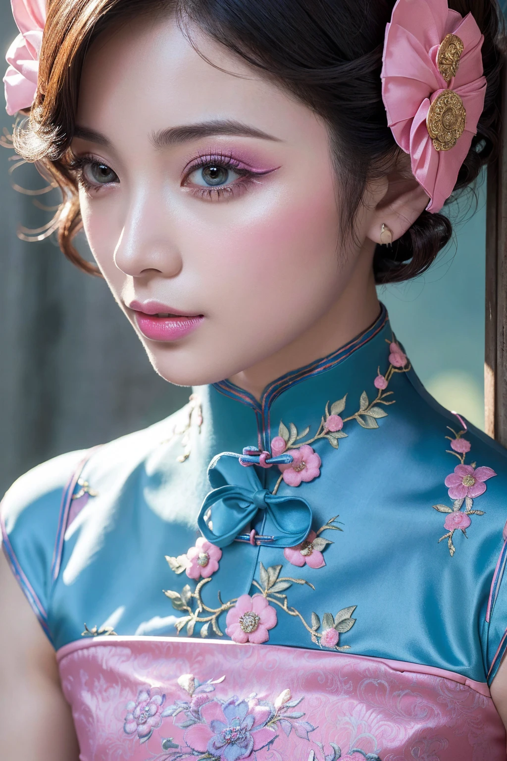 (best quality、4k、8k、highres、 masterpiece:1.2)、ultra detailed、(realistic、photorealistic)、(1woman:1.3 22-year-old). BREAK, ((Fujicolor、daytime soft lighting)、fashion supermodel、(short curly hair),. BREAK, (pink_makeup:1.25). BREAK, ((Classic and sexy (blue) cheongsam)、Detailed decoration:1.3)),. (Fitted clothing:1.3)、dynamic pose、((close-up of her face: 1.33))
