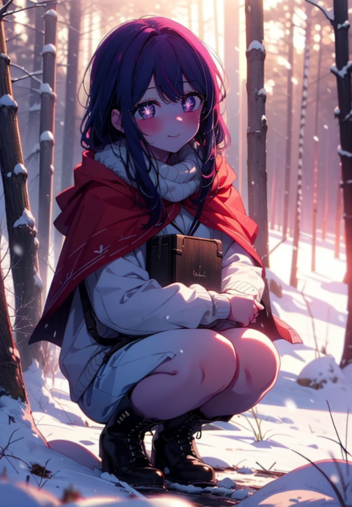 aihoshino, Ai Hoshino, Long Hair, bangs, (Purple eyes:1.1), Purple Hair, (Symbol-shaped pupil:1.5), smile,,smile,blush,White Breath,
Open your mouth,snow,Ground bonfire, Outdoor, boots, snowing, From the side, wood, suitcase, Cape, Blurred, , forest, White handbag, nature, Squat, Mouth closed, Cape, winter, Written boundary depth, Black shoes, red Cape break looking at viewer, Upper Body, whole body, break Outdoor, forest, nature, break (masterpiece:1.2), Highest quality, High resolution, unity 8k wallpaper, (shape:0.8), (Beautiful and beautiful eyes:1.6), Highly detailed face, Perfect lighting, Highly detailed CG, (Perfect hands, Perfect Anatomy),