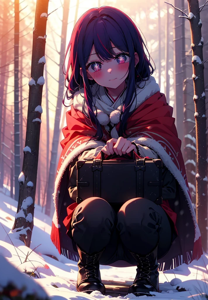 aihoshino, Ai Hoshino, Long Hair, bangs, (Purple eyes:1.1), Purple Hair, (Symbol-shaped pupil:1.5), smile,,smile,blush,White Breath,
Open your mouth,snow,Ground bonfire, Outdoor, boots, snowing, From the side, wood, suitcase, Cape, Blurred, , forest, White handbag, nature, Squat, Mouth closed, Cape, winter, Written boundary depth, Black shoes, red Cape break looking at viewer, Upper Body, whole body, break Outdoor, forest, nature, break (masterpiece:1.2), Highest quality, High resolution, unity 8k wallpaper, (shape:0.8), (Beautiful and beautiful eyes:1.6), Highly detailed face, Perfect lighting, Highly detailed CG, (Perfect hands, Perfect Anatomy),