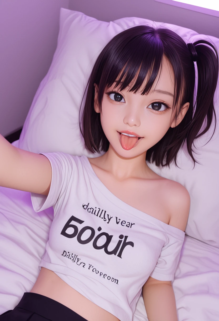 pastel colors t-shirt,off-shoulder look,bare shoulder,ollarbone,midriff peek,mini skirt,(open mouth:1.5),(tongue out:2),lying,Selfie,front view,upper body,(1girl,Beautiful 14 year old girl),((Slender,Small breasts,Small face,)),(looking at viewer),Black Hair,bangs,one side up,Beautiful and detailed,(Dimly lit room:1.5),Simple Background,White bed,pillow,Mischievous smile