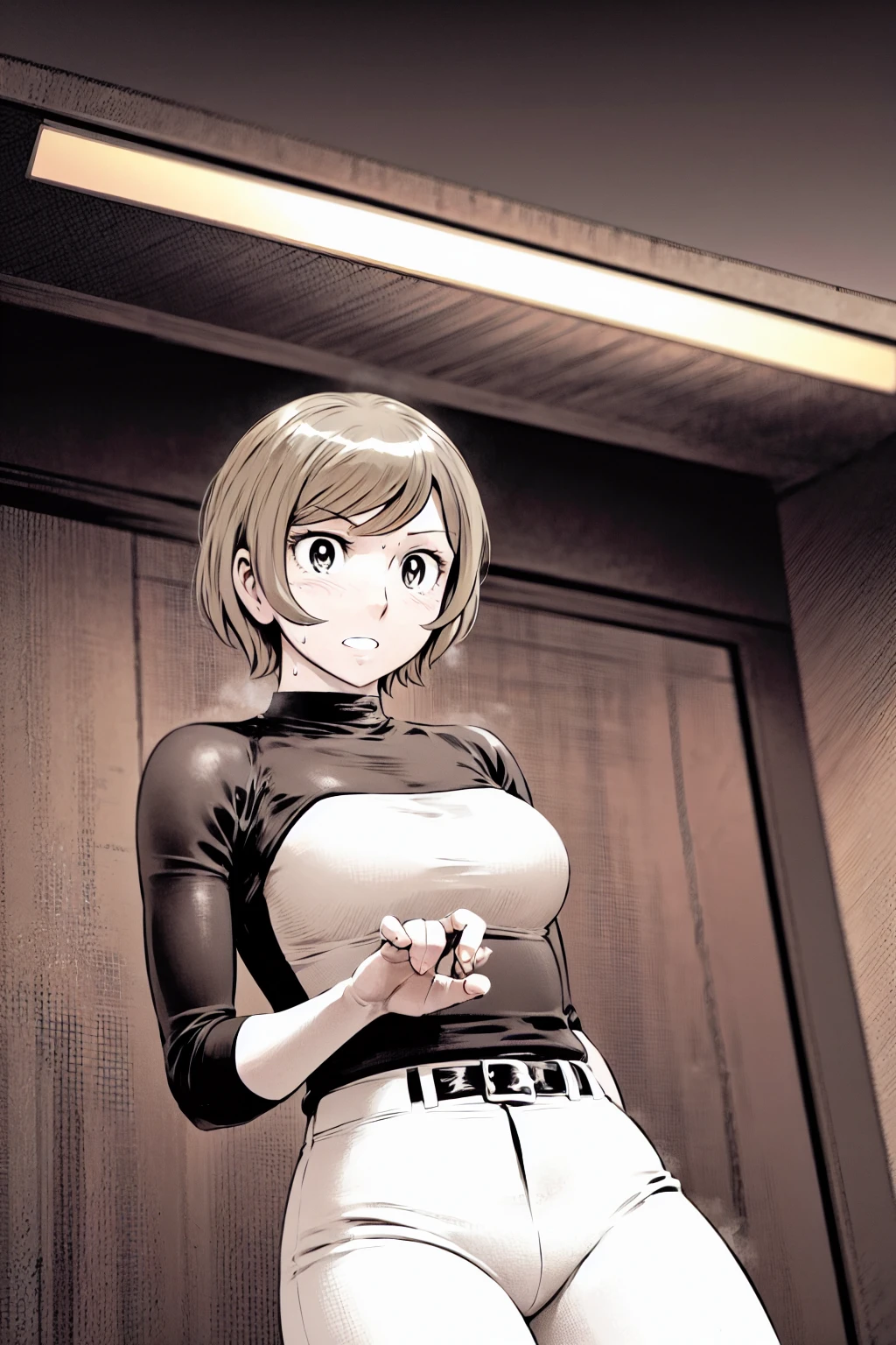 、(masterpiece、Highest quality)、Highest quality, Ultra-high resolution, (((masterpiece))), alone, Sweat、Big eyes,Tight black shirt、Tight white pants、belt、indoor、Composition from the front、（Cut the back hair short、short hair、blonde、woman）、Shortcuts、Embarrassed face、Cut your hair short、可愛いwomanの子、Big Breasts、office