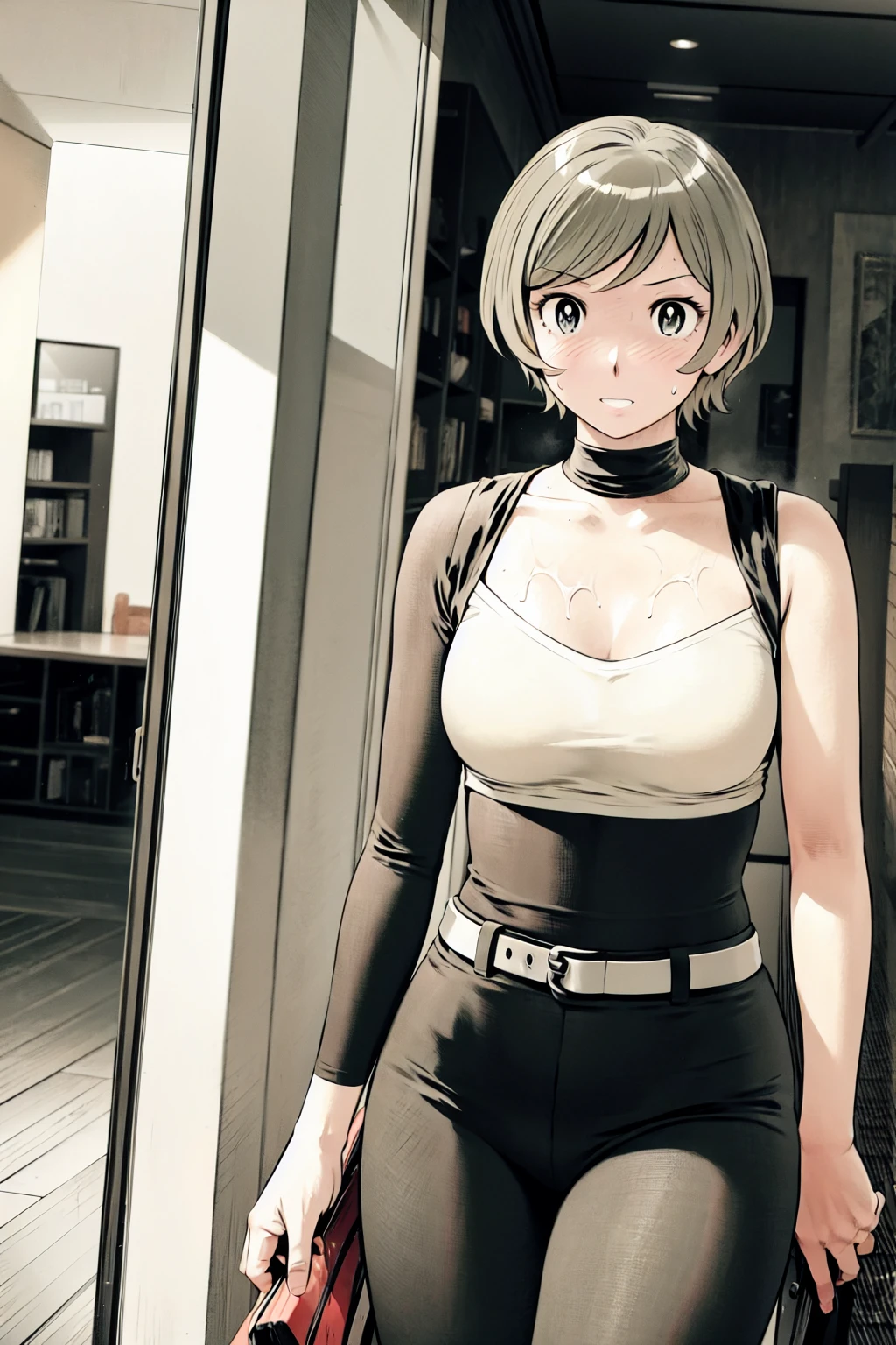 、(masterpiece、Highest quality)、Highest quality, Ultra-high resolution, (((masterpiece))), alone, Sweat、Big eyes,Tight black shirt、Tight white pants、belt、indoor、Composition from the front、（Cut the back hair short、short hair、blonde、woman）、Shortcuts、Embarrassed face、Cut your hair short、可愛いwomanの子、Big Breasts、office