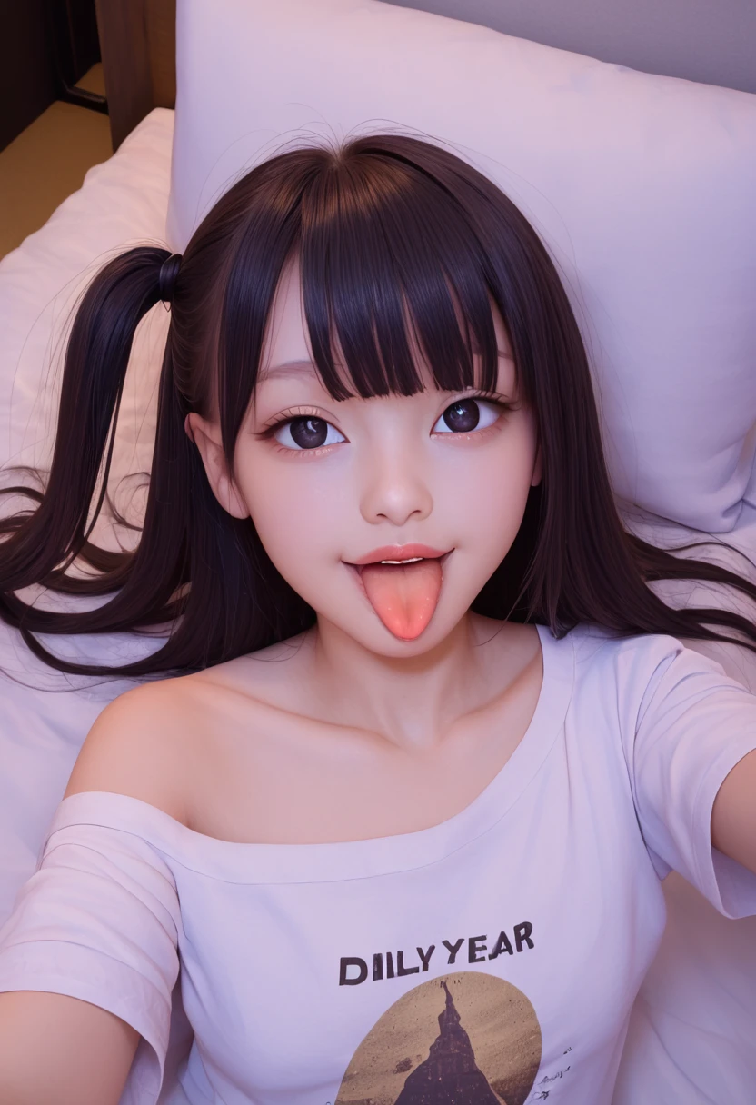 pastel colors t-shirt,off-shoulder look,bare shoulder,ollarbone,midriff peek,Denim mini skirt,(open mouth:1.5),(tongue out:2),lying,Selfie,front view,upper body,(1girl,Beautiful 14 year old girl),((Slender,Small breasts,Small face,)),(looking at viewer),Black Hair,bangs,one side up,Beautiful and detailed,(Dimly lit room:1.5),Simple Background,White bed,pillow,Mischievous smile