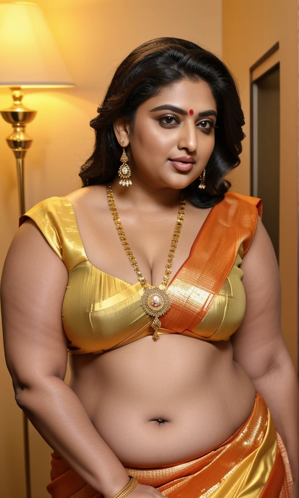 Sexy fat plus size indian bhabhi,  desi hot aunty, looks like Anushka Shetty, wearing sleeveless saree blouse, bold saree fashion, bong saree fashion, bold hot photoshoot, sexy sequin saree, she has fleshy arms and fat wide belly, sexy armpits, showing her attractive fleshy figure, 