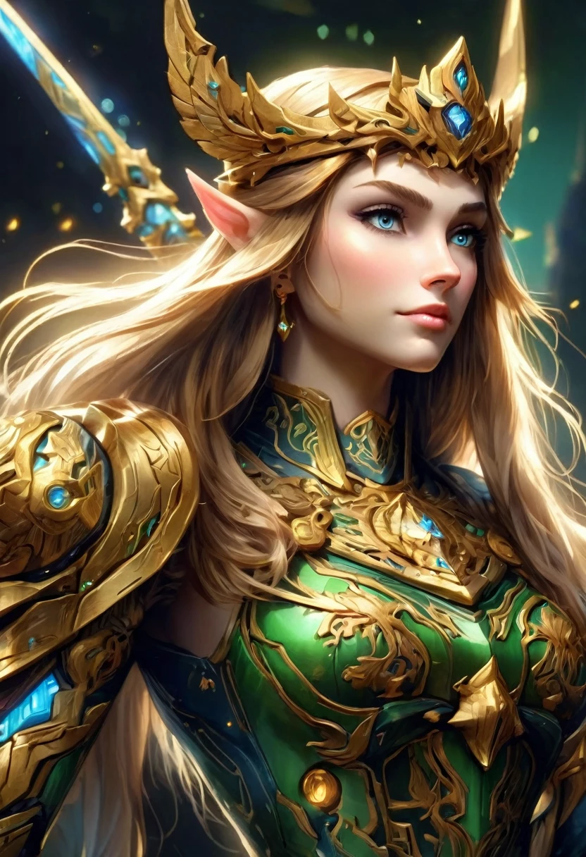 high details, best quality, 16k, [ultra detailed], masterpiece, best quality, (extremely detailed), full body, ultra wide shot, photorealistic, , fantasy art, dnd art, rpg art, realistic art, a wide angle, (((anatomically correct))) a wallpaper of an Princess Zelda, ready for battle with her mount (intense details, Masterpiece, best quality: 1.5),Princess Zelda (intense details, Masterpiece, best quality: 1.5), ultra detailed face, ultra feminine, fair skin, exquisite beauty, gold hair, long hair, wavy hair, small pointed ears, dynamic eyes color, wearing heavy green and white mech armor, shinning metal, armed with elven sword, green meadows, blue skies background and some clouds background depth of field (intricate details, Masterpiece, best quality: 1.5), full body (intricate details, Masterpiece, best quality: 1.5), high details, best quality, highres, ultra wide angle, Mechanical Creatures