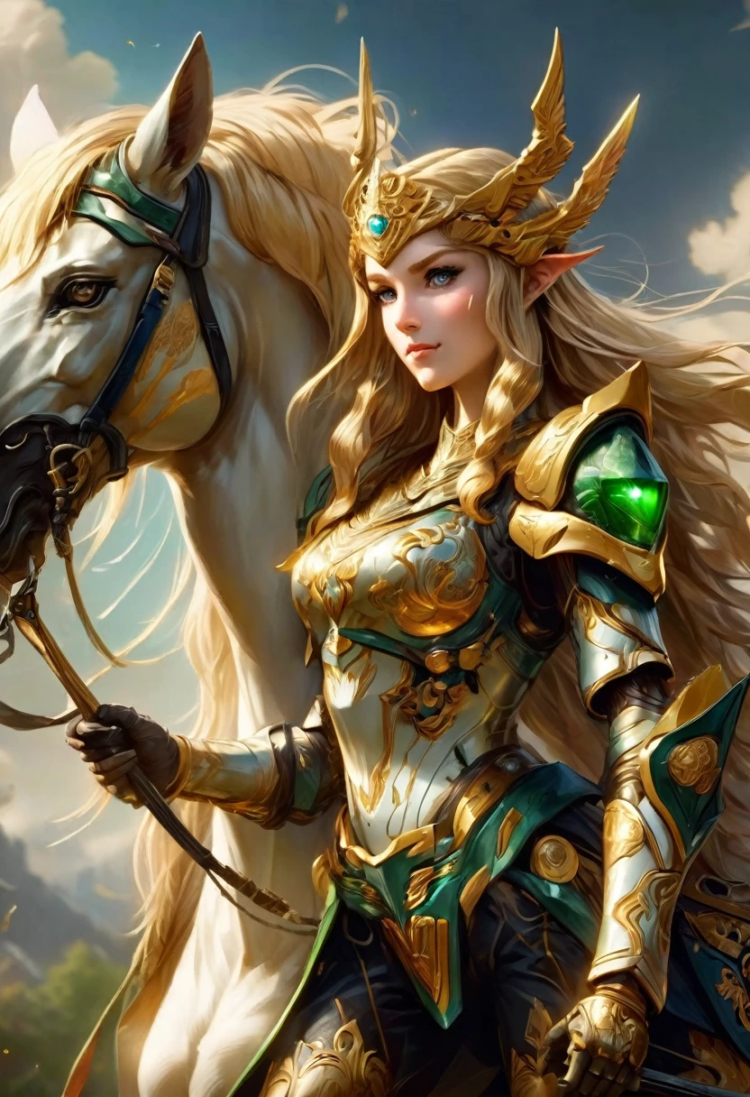 high details, best quality, 16k, [ultra detailed], masterpiece, best quality, (extremely detailed), full body, ultra wide shot, photorealistic, , fantasy art, dnd art, rpg art, realistic art, a wide angle, (((anatomically correct))) a wallpaper of an Princess Zelda, ready for battle with her mount (intense details, Masterpiece, best quality: 1.5),Princess Zelda (intense details, Masterpiece, best quality: 1.5), ultra detailed face, ultra feminine, fair skin, exquisite beauty, gold hair, long hair, wavy hair, small pointed ears, dynamic eyes color, wearing heavy green and white mech armor, shinning metal, armed with elven sword, green meadows, blue skies background and some clouds background depth of field (intricate details, Masterpiece, best quality: 1.5), full body (intricate details, Masterpiece, best quality: 1.5), high details, best quality, highres, ultra wide angle, Mechanical Creatures