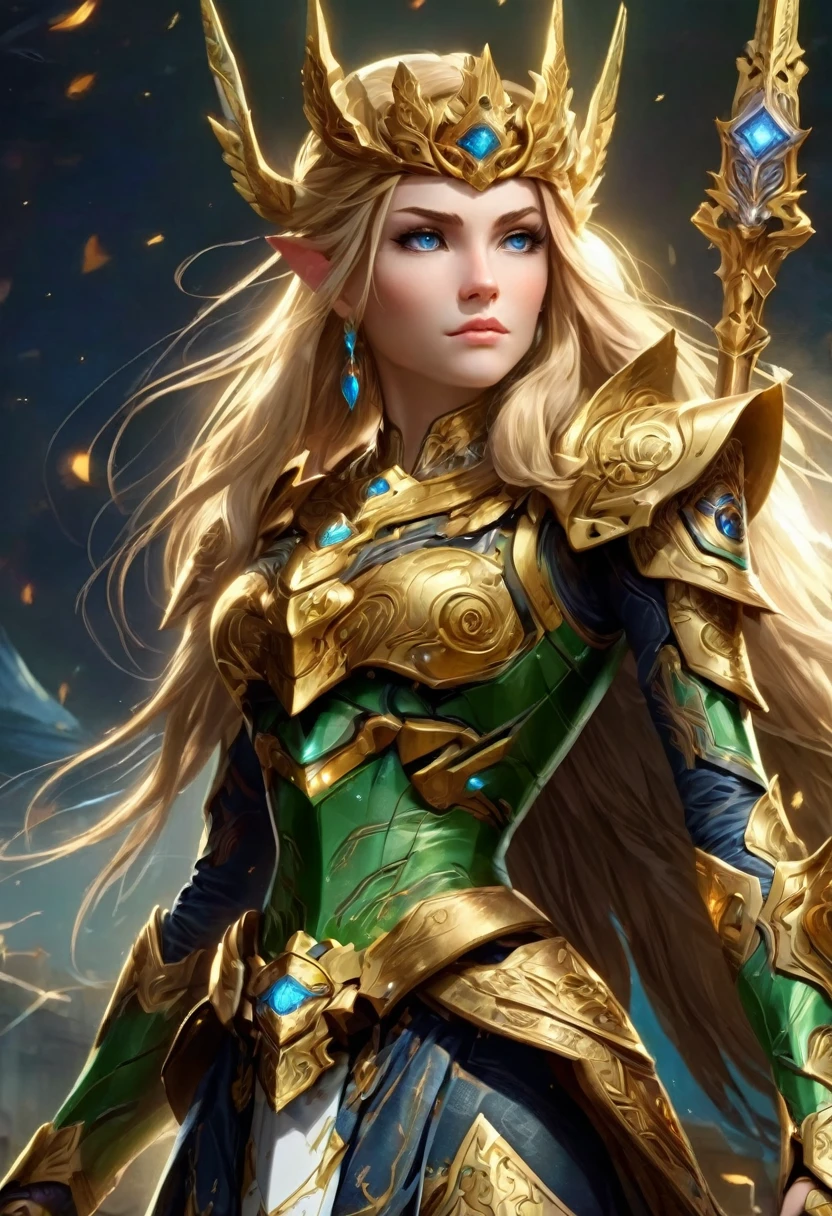 high details, best quality, 16k, [ultra detailed], masterpiece, best quality, (extremely detailed), full body, ultra wide shot, photorealistic, , fantasy art, dnd art, rpg art, realistic art, a wide angle, (((anatomically correct))) a wallpaper of an Princess Zelda, ready for battle with her mount (intense details, Masterpiece, best quality: 1.5),Princess Zelda (intense details, Masterpiece, best quality: 1.5), ultra detailed face, ultra feminine, fair skin, exquisite beauty, gold hair, long hair, wavy hair, small pointed ears, dynamic eyes color, wearing heavy green and white mech armor, shinning metal, armed with elven sword, green meadows, blue skies background and some clouds background depth of field (intricate details, Masterpiece, best quality: 1.5), full body (intricate details, Masterpiece, best quality: 1.5), high details, best quality, highres, ultra wide angle, Mechanical Creatures