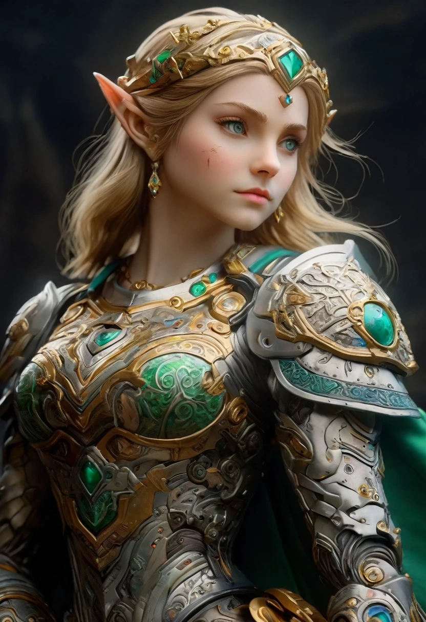 high details, best quality, 16k, [ultra detailed], masterpiece, best quality, (extremely detailed), full body, ultra wide shot, photorealistic, , fantasy art, dnd art, rpg art, realistic art, a wide angle, (((anatomically correct))) a wallpaper of an Princess Zelda, ready for battle with her mount (intense details, Masterpiece, best quality: 1.5),Princess Zelda (intense details, Masterpiece, best quality: 1.5), ultra detailed face, ultra feminine, fair skin, exquisite beauty, gold hair, long hair, wavy hair, small pointed ears, dynamic eyes color, wearing heavy green and white mech armor, shinning metal, armed with elven sword, green meadows, blue skies background and some clouds background depth of field (intricate details, Masterpiece, best quality: 1.5), full body (intricate details, Masterpiece, best quality: 1.5), high details, best quality, highres, ultra wide angle, Mechanical Creatures