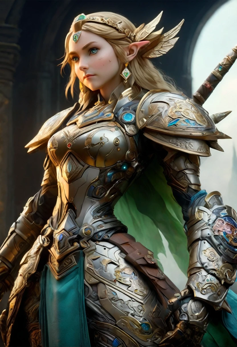 high details, best quality, 16k, [ultra detailed], masterpiece, best quality, (extremely detailed), full body, ultra wide shot, photorealistic, , fantasy art, dnd art, rpg art, realistic art, a wide angle, (((anatomically correct))) a wallpaper of an Princess Zelda, ready for battle with her mount (intense details, Masterpiece, best quality: 1.5),Princess Zelda (intense details, Masterpiece, best quality: 1.5), ultra detailed face, ultra feminine, fair skin, exquisite beauty, gold hair, long hair, wavy hair, small pointed ears, dynamic eyes color, wearing heavy green and white mech armor, shinning metal, armed with elven sword, green meadows, blue skies background and some clouds background depth of field (intricate details, Masterpiece, best quality: 1.5), full body (intricate details, Masterpiece, best quality: 1.5), high details, best quality, highres, ultra wide angle, Mechanical Creatures