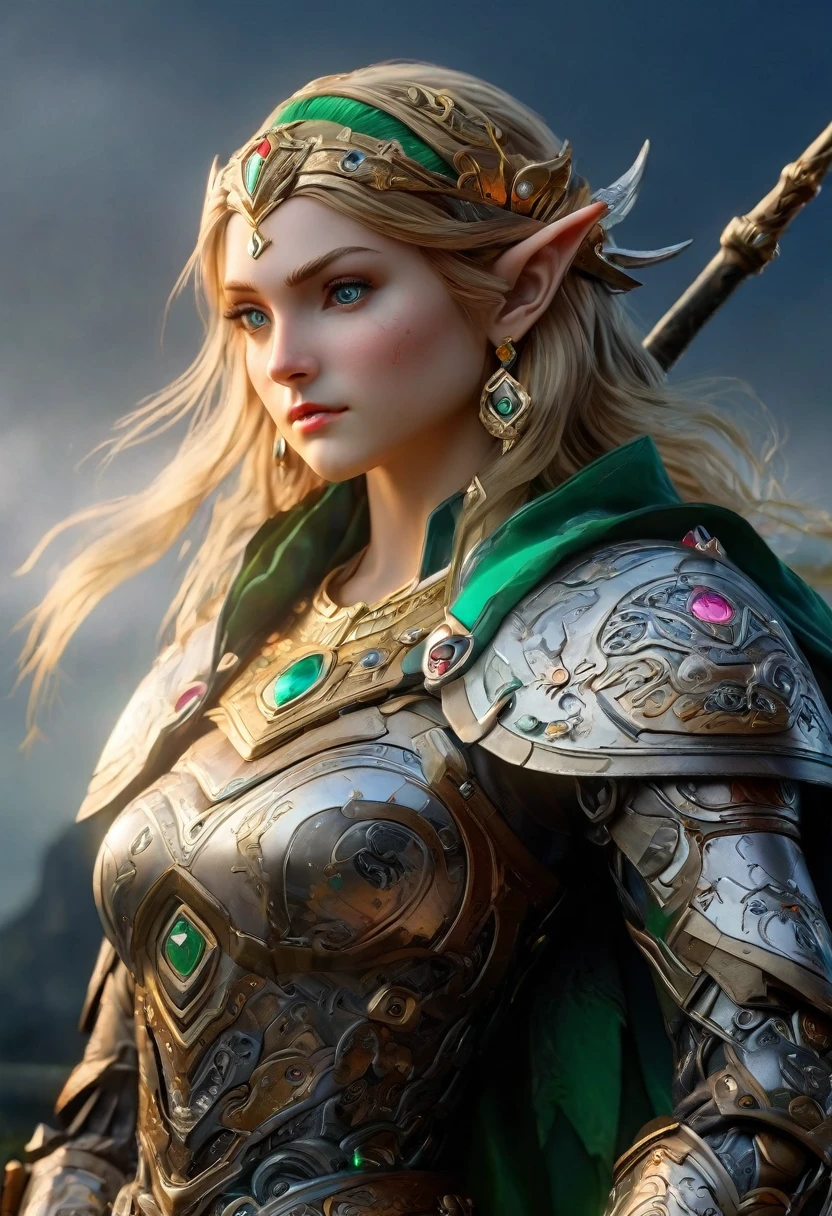 high details, best quality, 16k, [ultra detailed], masterpiece, best quality, (extremely detailed), full body, ultra wide shot, photorealistic, , fantasy art, dnd art, rpg art, realistic art, a wide angle, (((anatomically correct))) a wallpaper of an Princess Zelda, ready for battle with her mount (intense details, Masterpiece, best quality: 1.5),Princess Zelda (intense details, Masterpiece, best quality: 1.5), ultra detailed face, ultra feminine, fair skin, exquisite beauty, gold hair, long hair, wavy hair, small pointed ears, dynamic eyes color, wearing heavy green and white mech armor, shinning metal, armed with elven sword, green meadows, blue skies background and some clouds background depth of field (intricate details, Masterpiece, best quality: 1.5), full body (intricate details, Masterpiece, best quality: 1.5), high details, best quality, highres, ultra wide angle, Mechanical Creatures