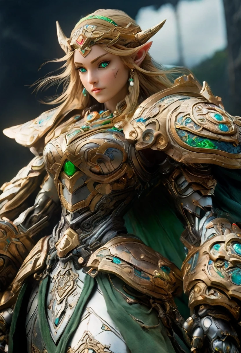 high details, best quality, 16k, [ultra detailed], masterpiece, best quality, (extremely detailed), full body, ultra wide shot, photorealistic, , fantasy art, dnd art, rpg art, realistic art, a wide angle, (((anatomically correct))) a wallpaper of an Princess Zelda, ready for battle with her mount (intense details, Masterpiece, best quality: 1.5),Princess Zelda (intense details, Masterpiece, best quality: 1.5), ultra detailed face, ultra feminine, fair skin, exquisite beauty, gold hair, long hair, wavy hair, small pointed ears, dynamic eyes color, wearing heavy green and white mech armor, shinning metal, armed with elven sword, green meadows, blue skies background and some clouds background depth of field (intricate details, Masterpiece, best quality: 1.5), full body (intricate details, Masterpiece, best quality: 1.5), high details, best quality, highres, ultra wide angle, Mechanical Creatures