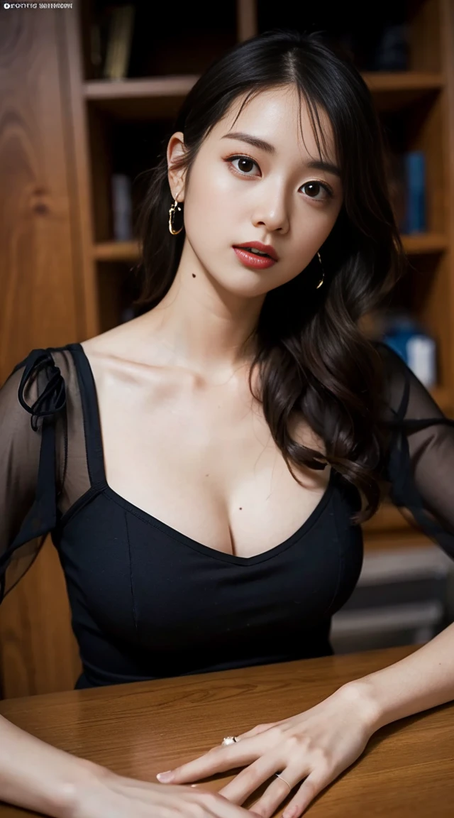 Highly detailed CG Unity 8K wallpaper, best quality, Super detailed, On the table, actual, photo-actual, Detailed cute girl, 25 years old, ,, whole body, ,Large Breasts,Black eyes,rubber dress