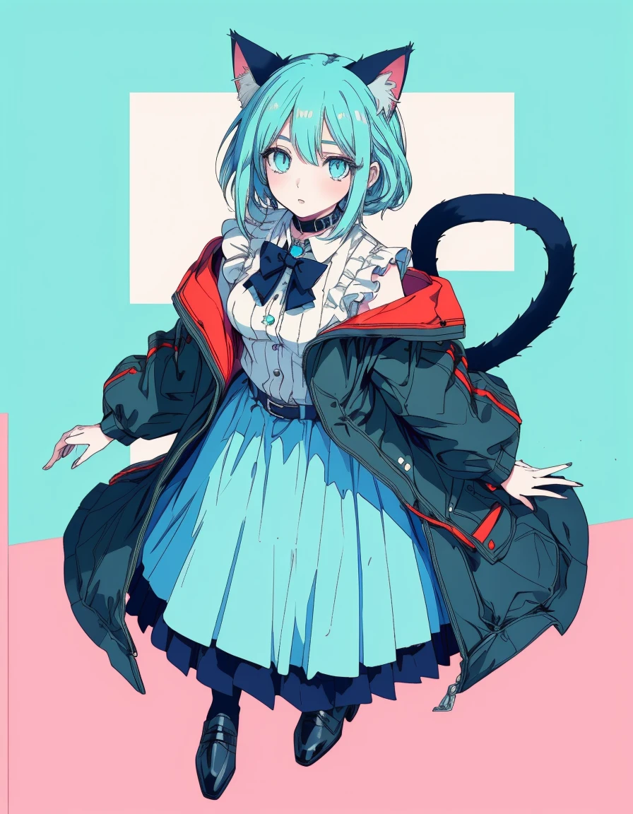full body, ((masterpiece, best quality:1.5)), ((Beautiful detailed cat aqua eyes:1.2)), cat ears, pale skin, medium breasts, beautiful hands, beautiful fingers, EasyNegative