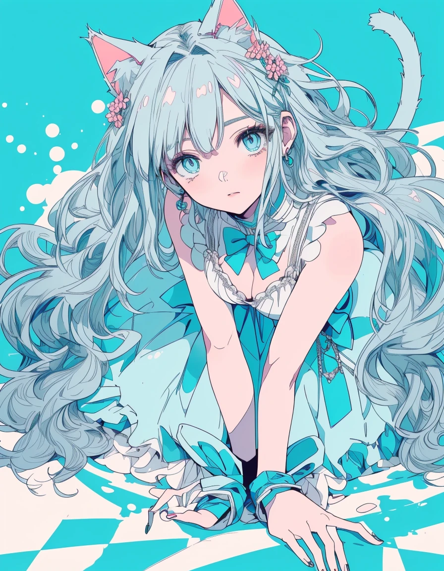  full body, ((masterpiece, best quality:1.5)), ((Beautiful detailed cat aqua eyes:1.2)), cat ears, pale skin, medium breasts, beautiful hands, beautiful fingers, EasyNegative